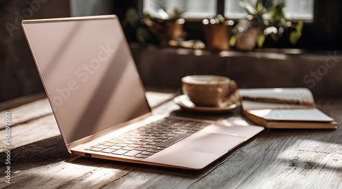Cozy Workspace with Laptop and Warm Drink