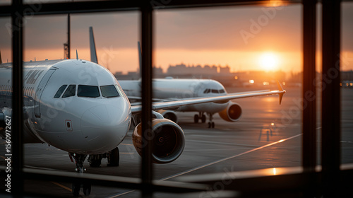 A fleet of aircraft is parked on the taxiway of the international airport runway. View of the terminal's panoramic window. Air freight background