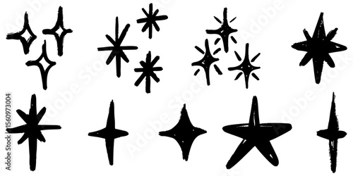 collection of hand drawn black star and sparkle doodles with rough brushstroke texture, arranged on a white background.