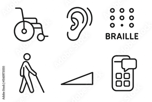 Accessibility icon set in outline style showing disability tools, assistive technology, and inclusion symbols for universal design