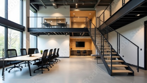 Modern open plan office interior with a mezzanine level a sleek staircase and a conference table with chairs