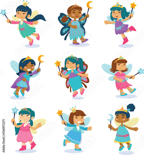 Cute Kids in Fairy Costume With Magic Wands Illustration Collection