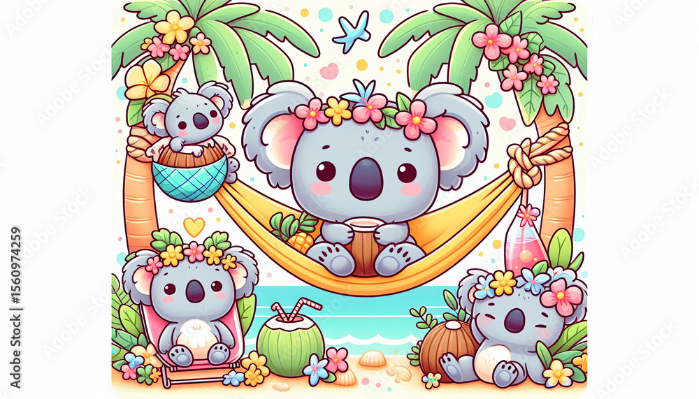 Naklejka premium Cute Koalas Relaxing on the Beach in Pastel Tropical Scene