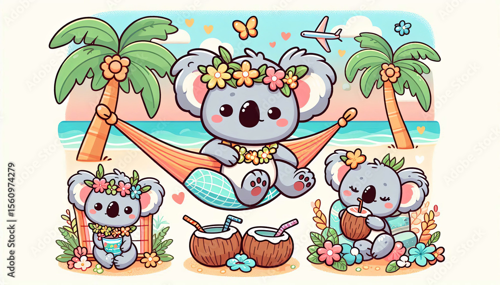 Obraz premium Cute Koalas Relaxing on the Beach in Pastel Tropical Scene