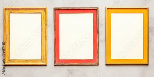 Colorful wooden frames on blank wall display. Empty art gallery decor, blank wall frames. Wooden decor and colorful art display, gallery background, modern template, creative interior, home
