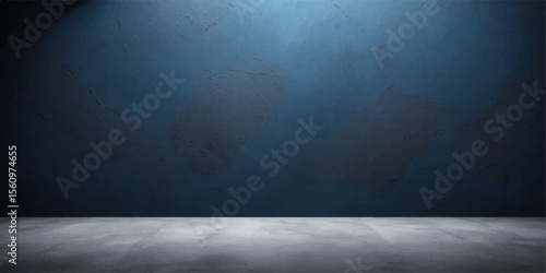 Dark blue grunge concrete wall texture in an old, empty vintage room interior