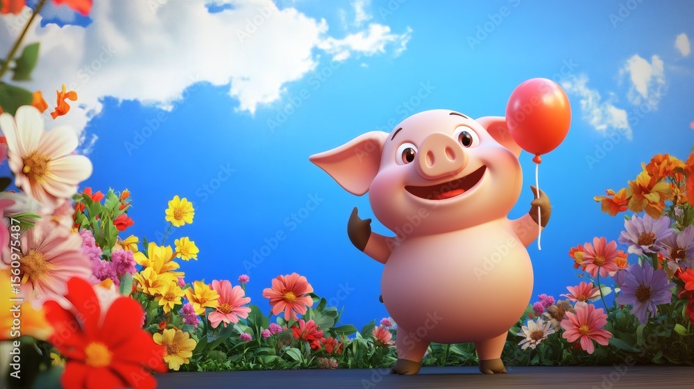 Naklejka premium A Smiling Pig Holds a Balloon Surrounded by Flowers