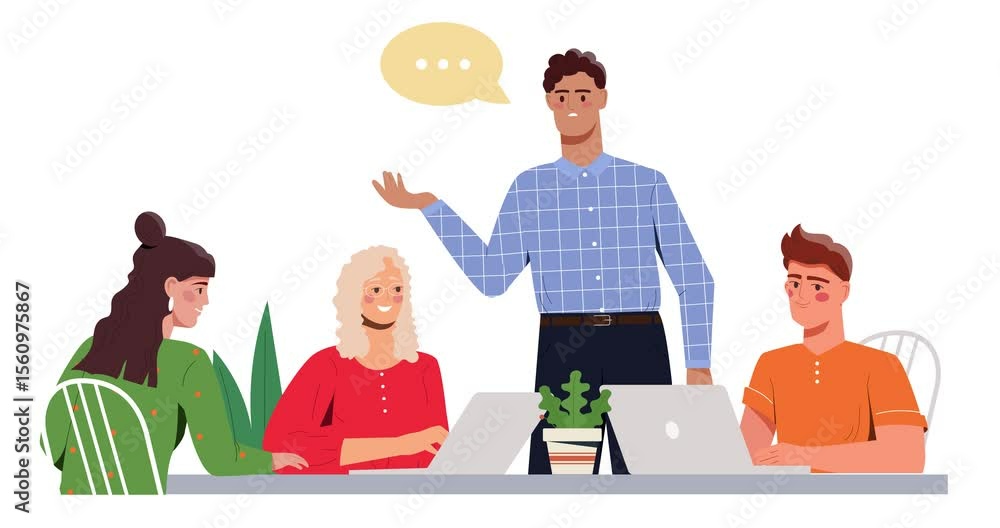 Teamwork and cooperation. Moving banner with office workers and managers sitting at their workplace discussing new project and tasks. Collaboration and partnership. Flat graphic animated cartoon