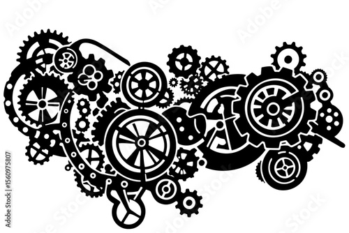 Steampunk composition of intricate gears and cogs creating a mechanical and industrial concept. Black retro mechanism. Vector illustration