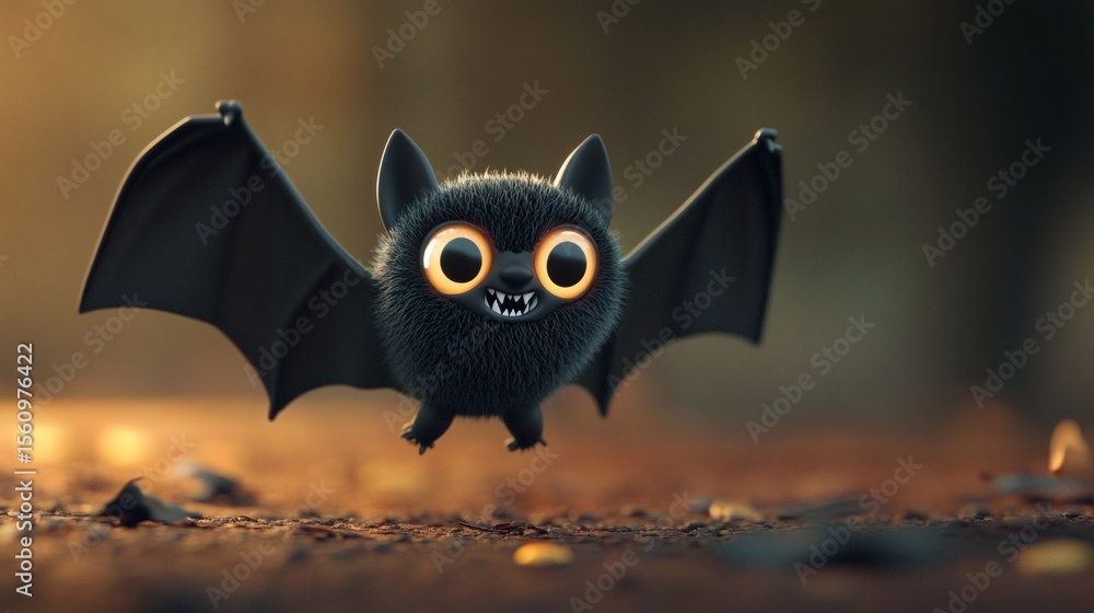Fototapeta premium A cute fluffy cartoon bat with big eyes flying in the air