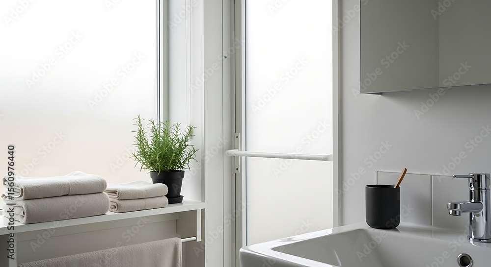 Fototapeta premium A close-up of a minimalist bathroom setting featuring soft, folded white towels, a neutral-toned ceramic tumbler, and a small plant, conveying a sense of cleanliness, wellness, and simple elegance.