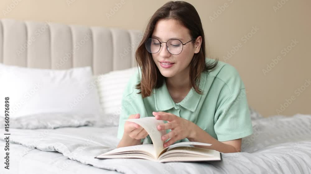 Smiling teenage girl in glasses reading book on bed at home Smiling teenage girl in glasses reading book on bed at home
