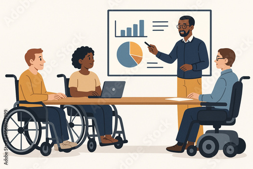 Inclusive workplace meeting with people with disabilities using accessible tools and collaborating on data presentation