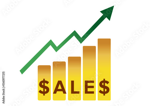 Graphic representation of a sales growth chart with an upward trend arrow illustrating increasing profits and business success in a vibrant design concept.