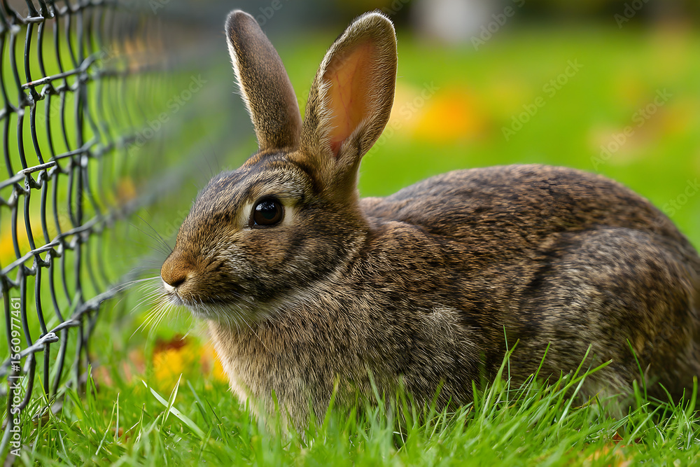 Close-up of a brown rabbit sitting on green grass near a wire fence in a garden or park setting
Close-up of a brown rabbit sitting on green grass near a wire fence in a garden or park setting