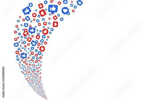 A wave of social media icons including likes and hearts isolated on transparent background, symbolizing positive engagement and feedback