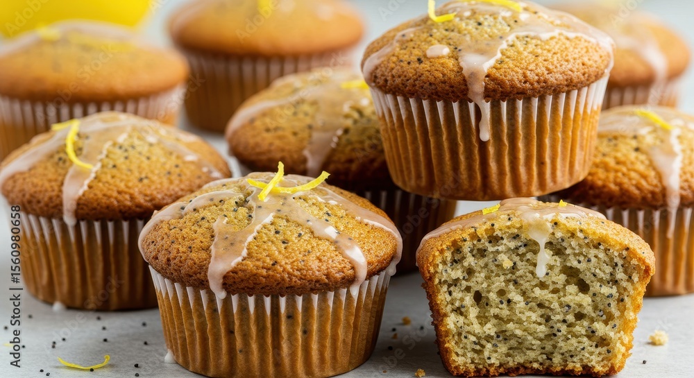 Delicious lemon poppy seed muffins with glaze and citrus zest on a rustic wooden background Delicious lemon poppy seed muffins with glaze and citrus zest on a rustic wooden background