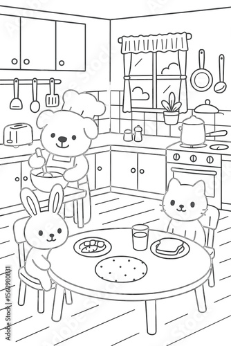Dog, rabbit, and cat characters prepare breakfast together in a detailed kitchen scene intended for children's coloring activity books.
