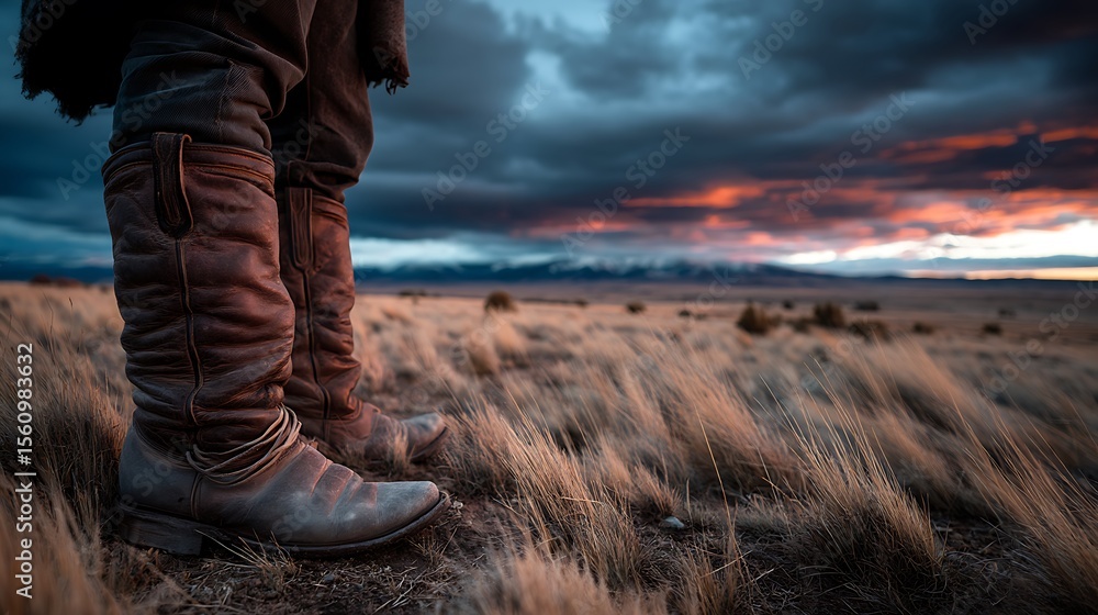 Cowboy Boots on Prairie at Sunset Rustic Adventure with Scenic Landscape View. Cowboy Boots on Prairie at Sunset Rustic Adventure with Scenic Landscape View.