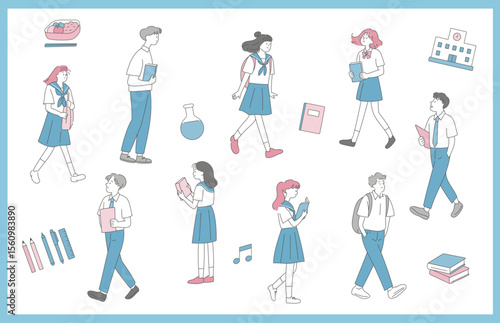 学校生活を楽しむ高校生セット（夏服・男女）