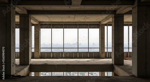 Unfinished Concrete Structure Interior Framing Distant Cityscape With Rectangular Windows and Pillars with Natural Daylight