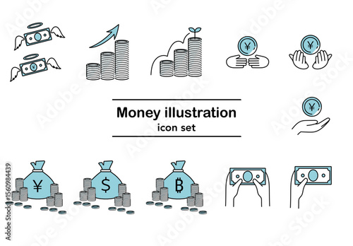 お金や投資、仮想通貨などを表現したベクター線画アイコンセット（白背景・シンプル構成）