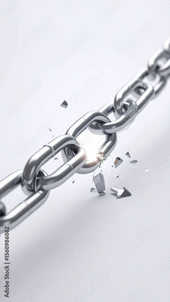 Fototapeta premium A broken metal chain link with shattered pieces isolated on white background