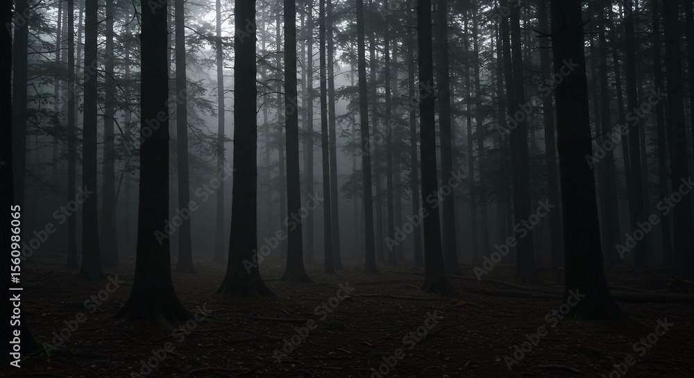 Obraz premium Dark misty forest path softly lit by diffused light. AI Generated