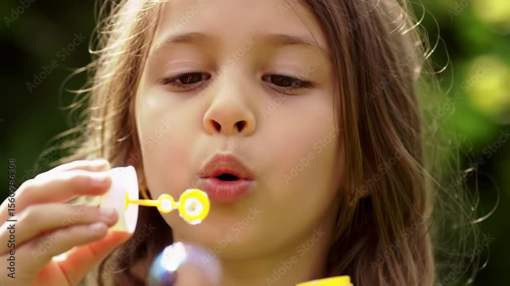 Girl blowing bubbles in an outdoor setting, summertime fun Girl blowing bubbles in an outdoor setting, summertime fun