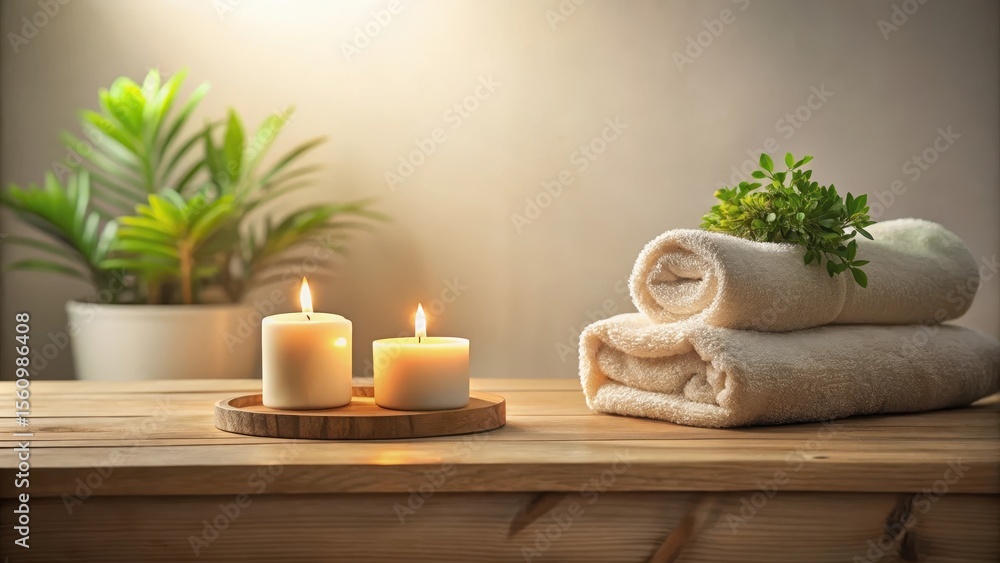 Fototapeta premium Serene Spa Setting with Lit Candles and Rolled Towels on Wooden Surface