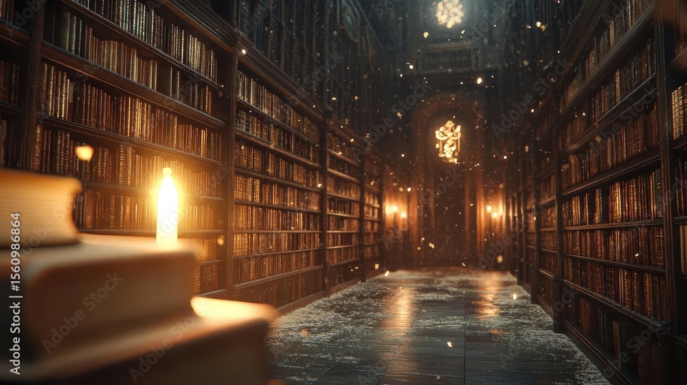 Fototapeta premium A candlelit 3D scene in an ancient library, with bookshelves casting long shadows and subtle dust particles in the air