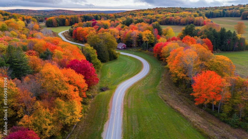 Obraz premium Scenic winding road passes through vibrant autumn colored trees and fields