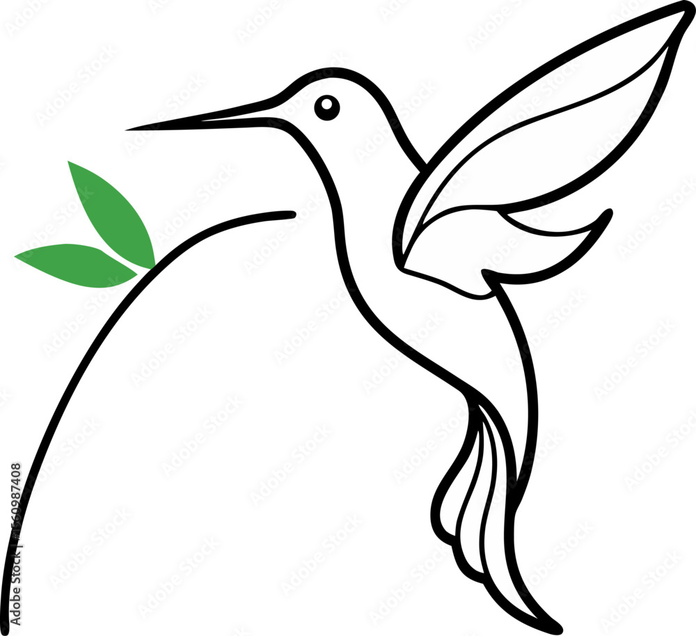 Fototapeta premium Single line hummingbird sipping nectar from a tubular flower with white background.