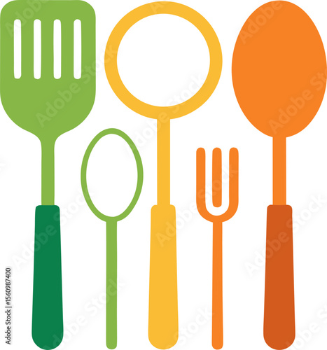 Monoline vector set of kitchen utensils (spoon, fork, knife) with white background.