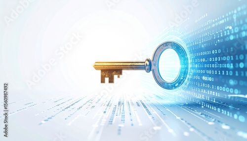 A golden key unlocks binary code in a cyber security concept