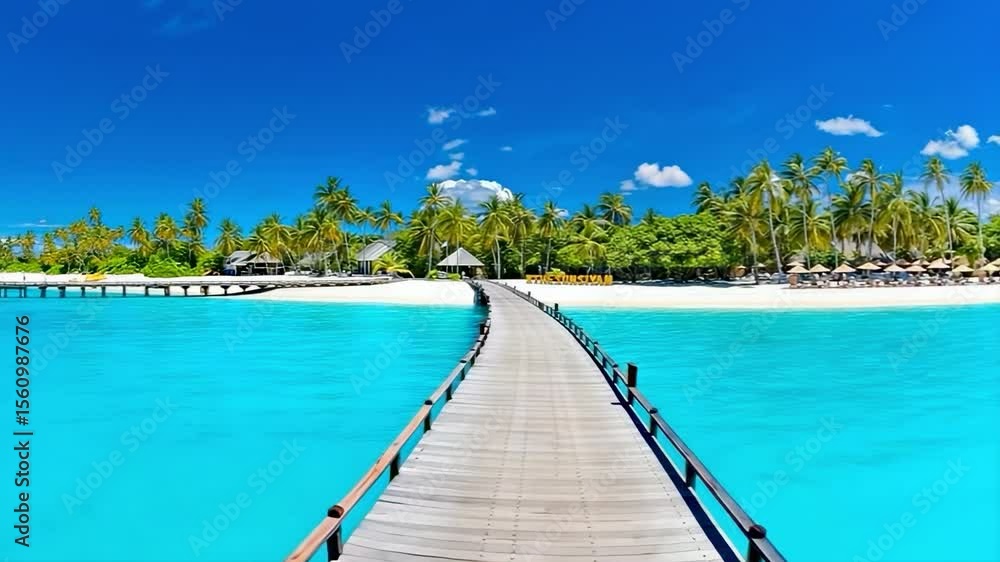 A wooden pier extends into the crystal clear, turquoise ocean towards a tropical island. A wooden pier extends into the crystal clear, turquoise ocean towards a tropical island.