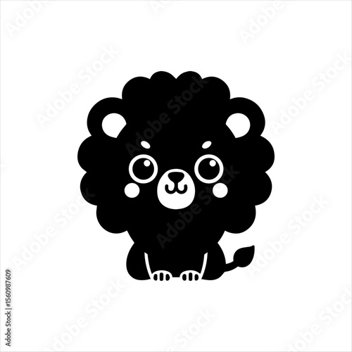 A cartoon lion cub with a fluffy mane sits, looking forward with wide, expressive eyes.