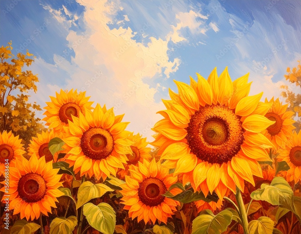 Fototapeta premium ひまわりの花と快晴の空 イラスト