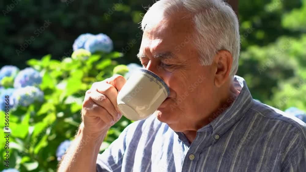 Senior man enjoys coffee outdoor garden with hydrangeas backdrop. Senior man enjoys coffee outdoor garden with hydrangeas backdrop.