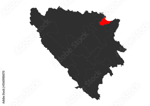 Vector silhouette map of Bosnia and Herzegovina with Brčko District highlighted red. Shows the specific geographic area of this administrative division.