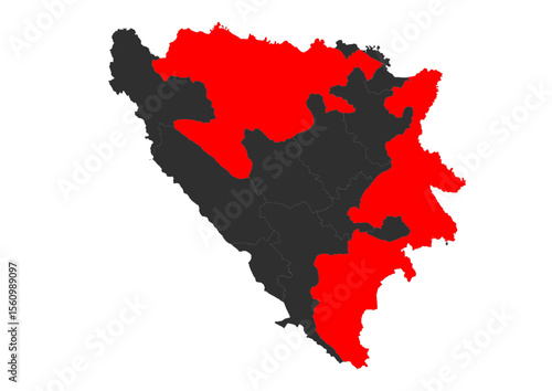 Vector silhouette map of Bosnia and Herzegovina with Republika Srpska highlighted red. Shows the specific geographic area of this administrative entity within the country.