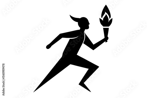 Black silhouette of a runner holding a torch with a flame running fire
