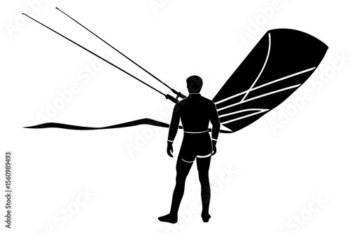 Black silhouette of a man standing with a kiteboard and kite kiteboarding kite surfer
