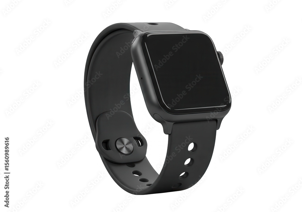 A black smartwatch with a silicone band isolated on transparent background, showcasing its sleek design A black smartwatch with a silicone band isolated on transparent background, showcasing its sleek design