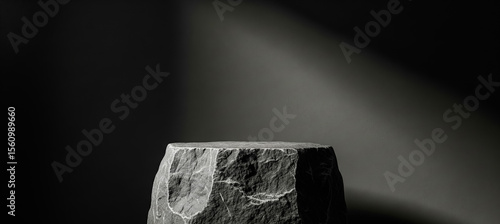 Stone pedestal under spotlight against dark background for product display or presentation.
