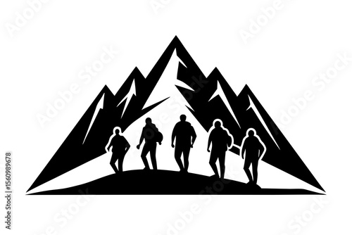 Five hikers silhouetted against a sharp mountain peak graphic summit people