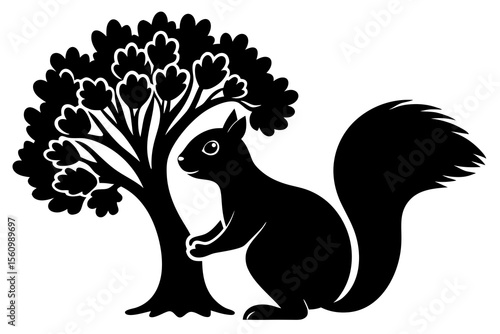 Black silhouette squirrel holding onto a stylized tree with fluffy leaves black and white animal