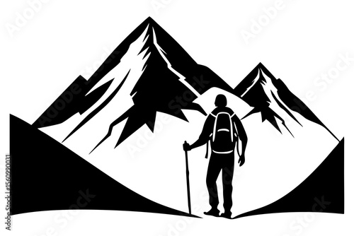 Silhouette of a hiker with a backpack and trekking pole standing before jagged snow capped mountains