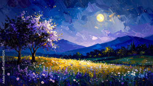 自然の風景　夜　花　草原　油絵
