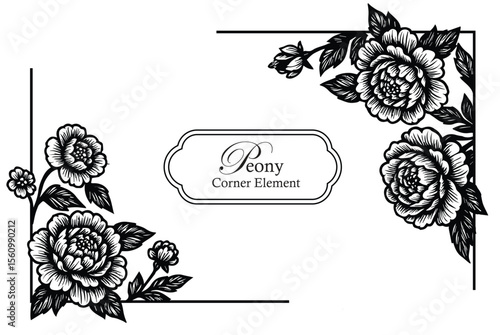 Peony Corner Woodcut Illustration – Elegant Botanical Element for Packaging, Labels & Stationery Design